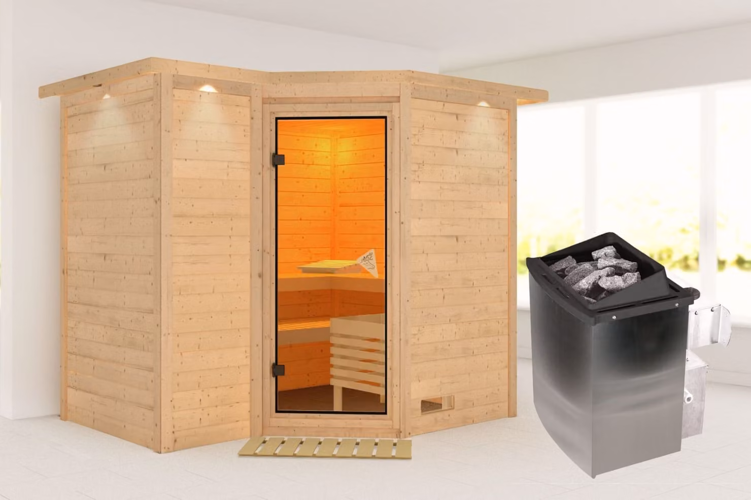 Cabina Karibu sauna interna Sahib Sauna interna 3 panche in legno con finitura naturale Cabina sauna Spessore parete: 40 mm Sauna a infrarossi