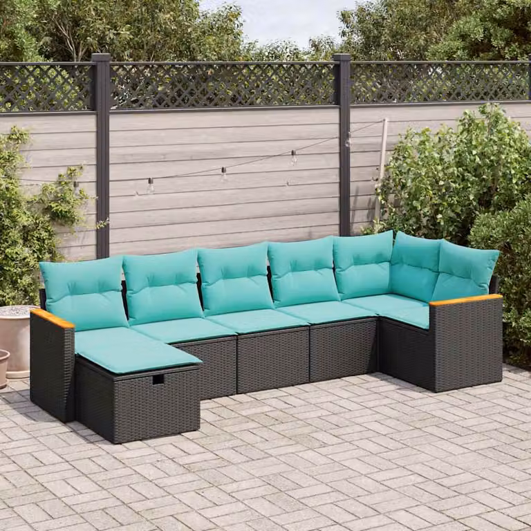 Set Divano da Giardino a L vidaXL con 7 Cuscini, Struttura in Metallo e Polyrattan, Colore Nero e Blu