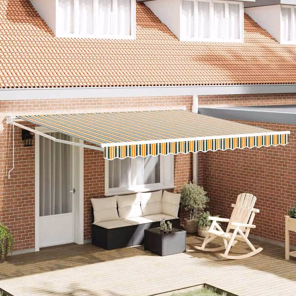 Tenda retrattile vidaXL con bracci pieghevoli in alluminio e tessuto in poliestere, Verde e Bianco, L: 400 cm x P: 300 cm