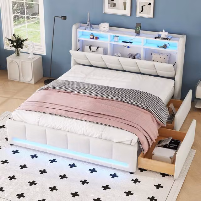 Letto matrimoniale 140 × 200 cm con 2 cassetti, mensole, LED regolabile e USB, senza materasso, lino beige