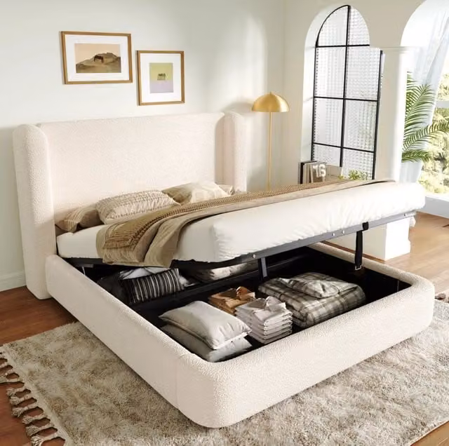 Letto imbottito contenitore con apertura idraulica e rete a doghe; bouclé beige