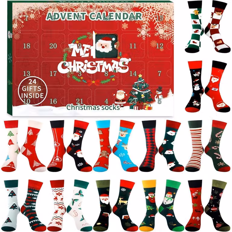 Calendario dell'Avvento, calze natalizie, 24 pezzi, multicolore. Taglie: EU 35-38, EU 39-42, EU 43-46