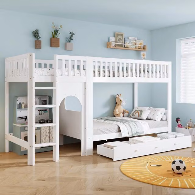 Letto a castello per bambini 90x200 cm con scala dritta a 4 gradini; legno massello e MDF; bianco e naturale