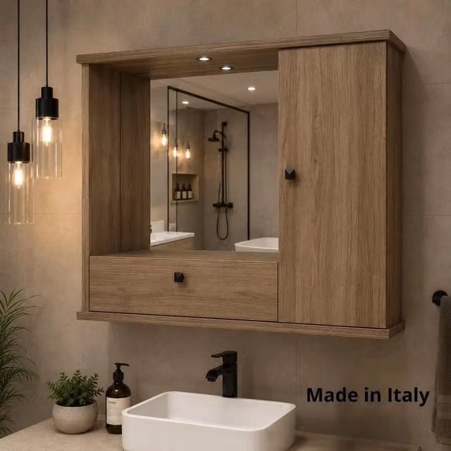 Mobile Bagno Pensile noce naturale con Specchio e Ante 73x14x61H