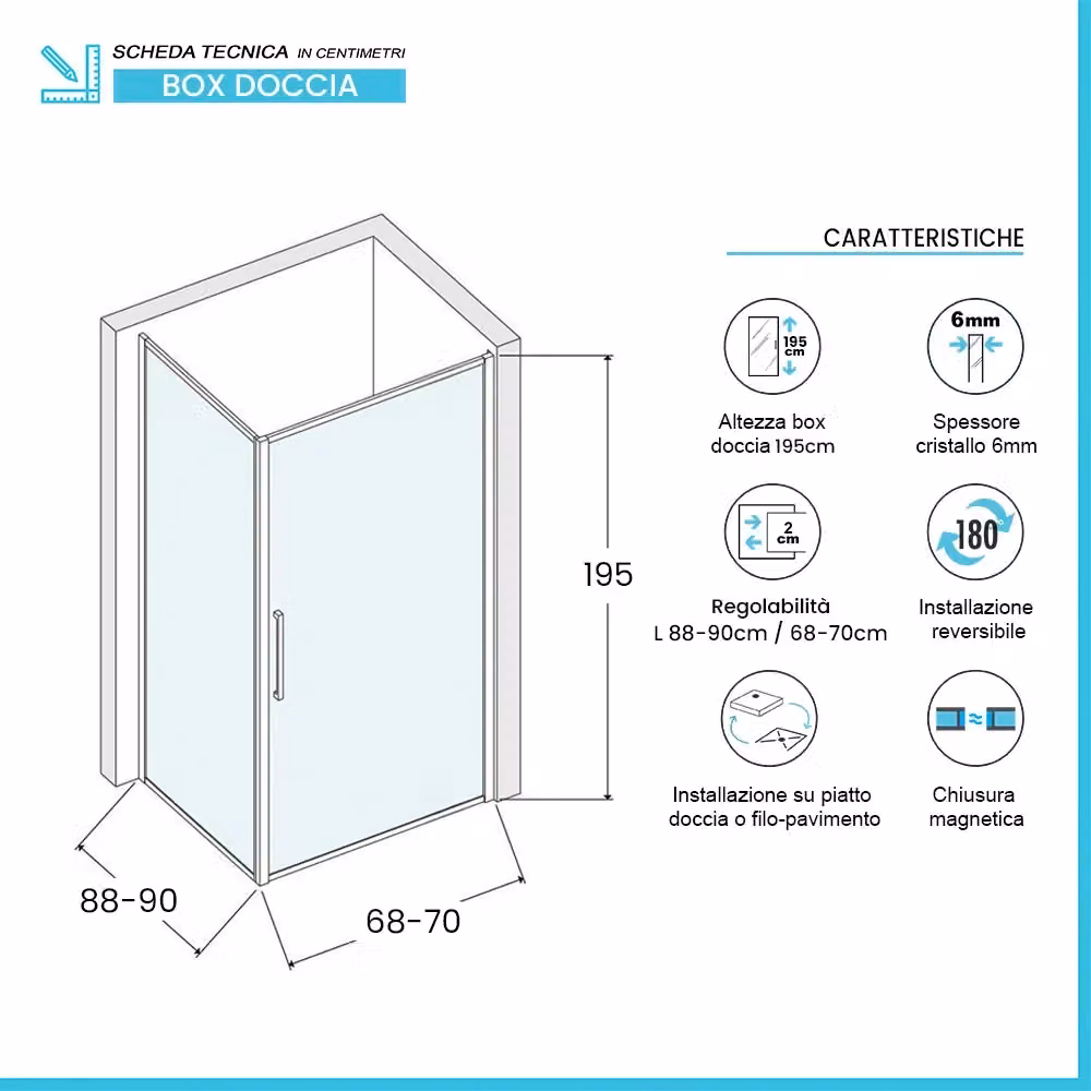 Box doccia angolare Neos in vetro temperato trasparente con profili cromo, modello battente, L/P/H: 90 x 70 x 195 cm – 2