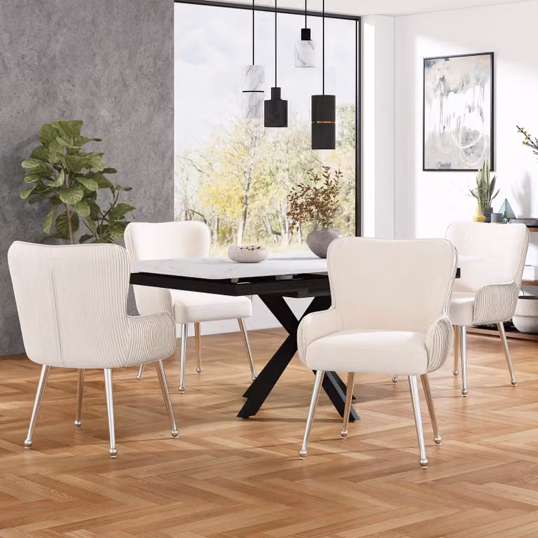 Set di 4 sedie da sala da pranzo Flieks, sedie da cucina imbottite con gambe in metallo, poltrona da soggiorno con rivestimento in velluto, beige argento