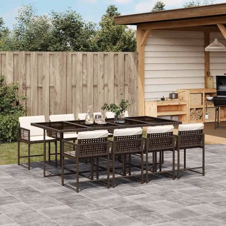 Set da Pranzo da Giardino vidaXL in Polyrattan Marrone con 9 Pezzi e Cuscini