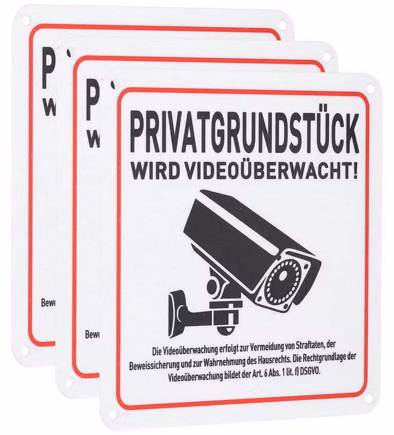 3 cartelli di avviso per videosorveglianza, dimensioni 15 x 15 cm, in alluminio, con fori per il fissaggio