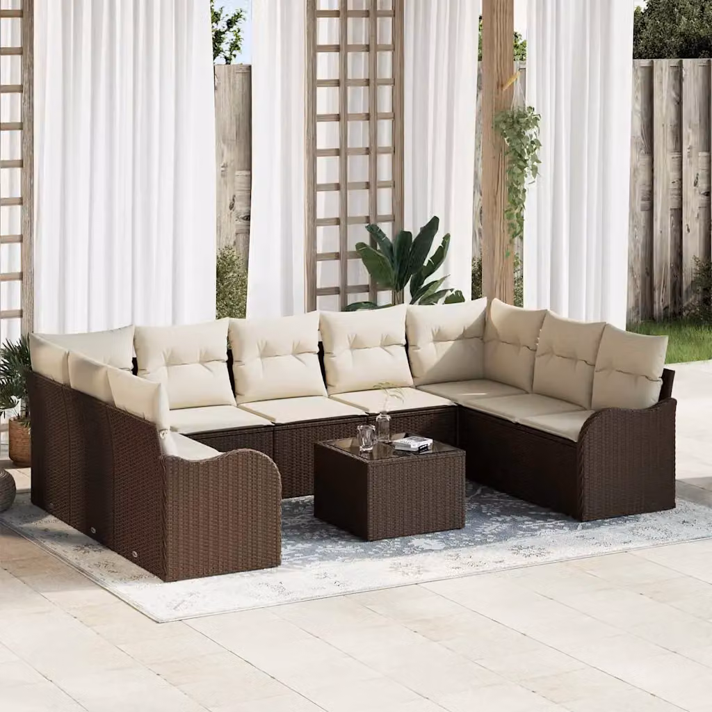 Set Divano da Giardino Moderno vidaXL 10 Pezzi in Polyrattan Marrone e Bianco con Cuscini e Tavolino da Caffè – 1
