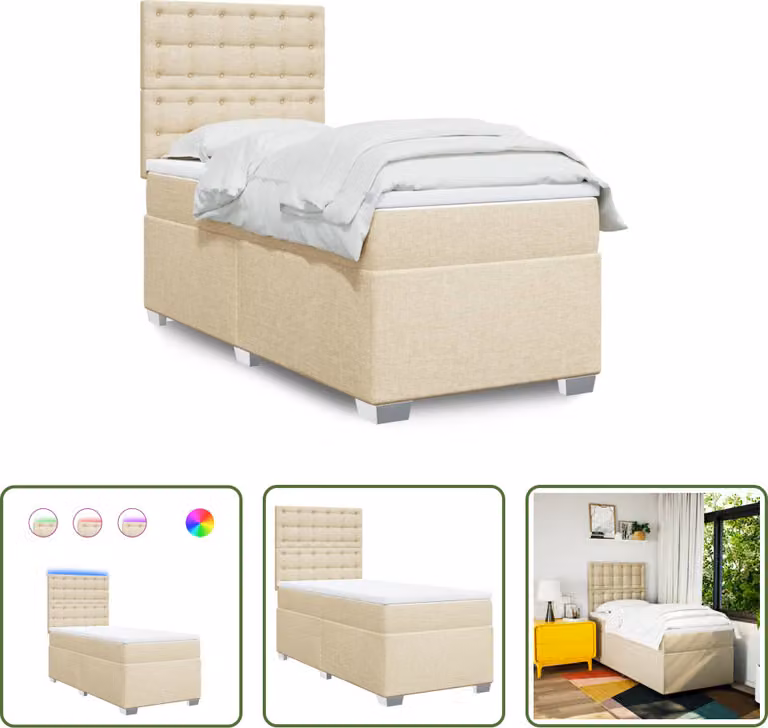 The Living Store Letto a molle con materasso crema 90x200 cm in tessuto