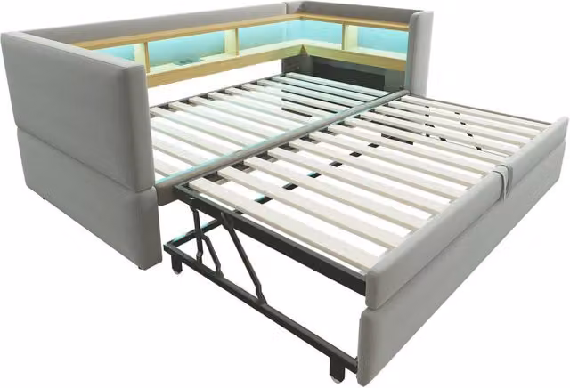 Divano Letto Imbottito Estraibile 90/180x190 cm con LED, Prese Elettriche e Numerosi Ripiani, Grigio Chiaro