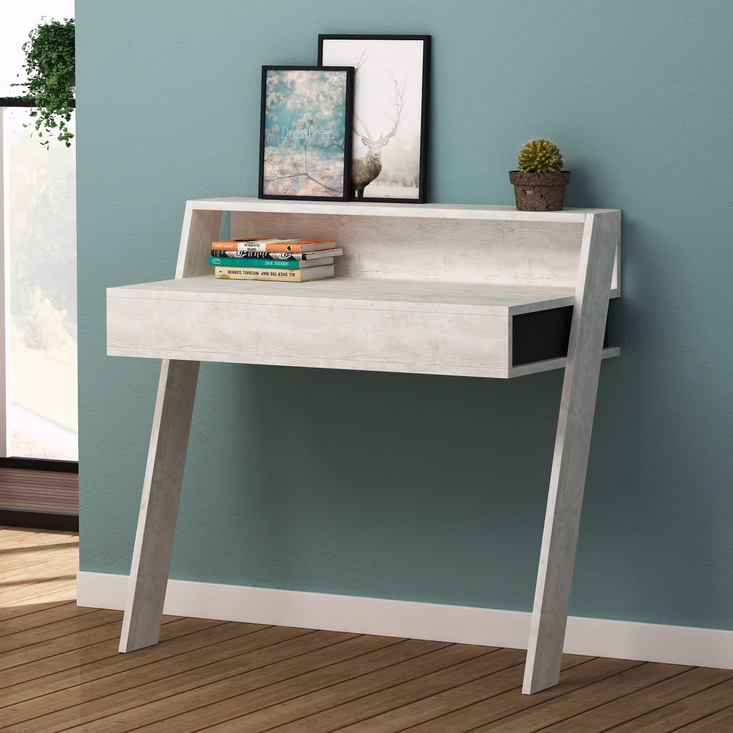 DECORTIE Scrivania moderna Cowork Bianco Antico Grigio Antracite a parete Con cassetto 94 x 50 x 91 cm