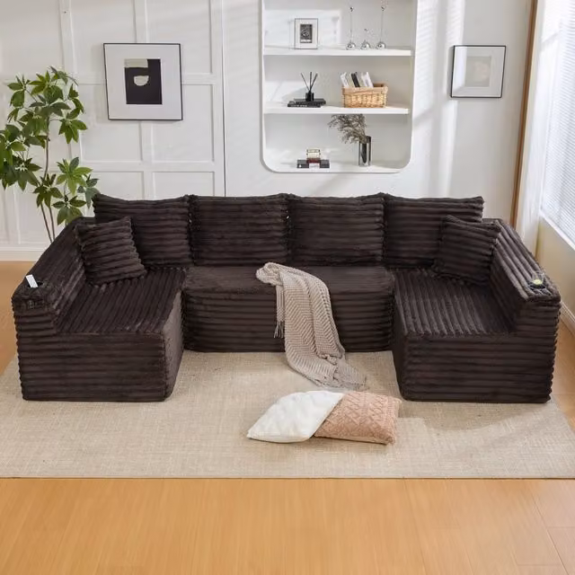 Divano Modulare a U REDOM in Velluto Marrone con Cuscini e Portabicchieri L: 320 cm, P: 155 cm, H: 88 cm