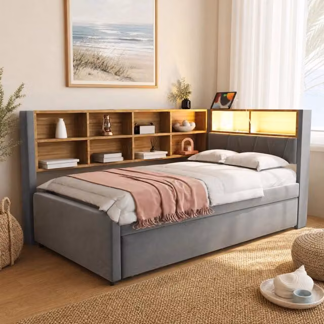 Divano letto multifunzione con letto estraibile 90x200 cm; LED; USB; Type-C; grigio scuro