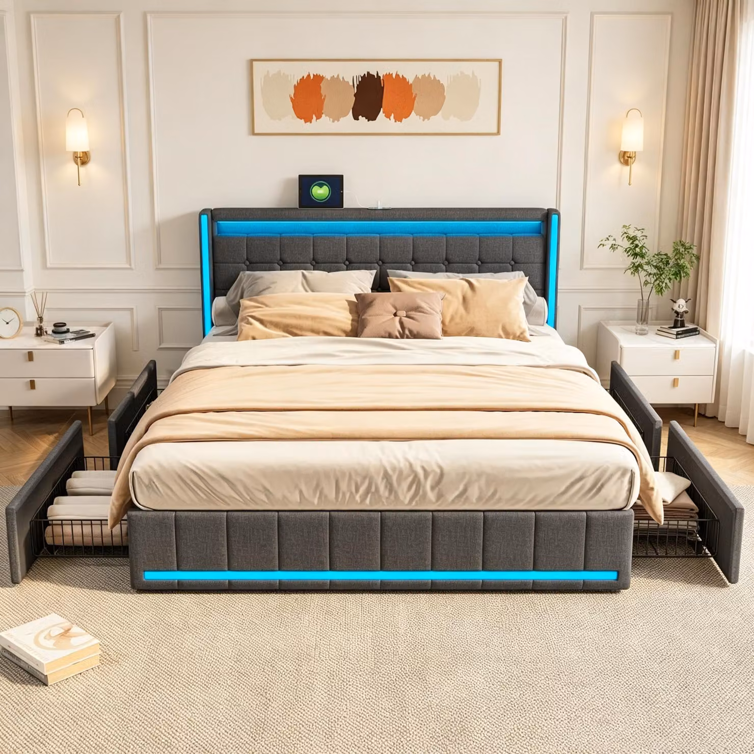 Letto imbottito INONEFT, 140x200 cm, con 4 cassetti, letto per ragazzi/matrimoniale con USB/Tipo-C e LED, letto contenitore in legno massello con rete a doghe, tessuto in lino, colore grigio