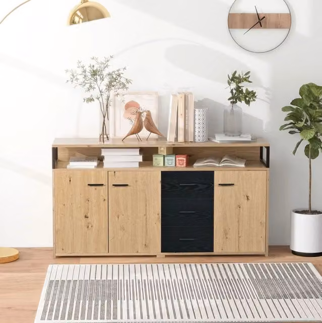 Credenza industriale 150x35x75;9 cm con 3 ante e 3 cassetti; truciolare nero e legno
