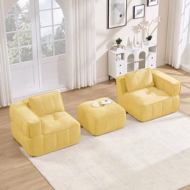 Divano modulare a L 198x162 cm giallo in poliestere; con pouf e seduta profonda