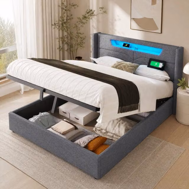 Letto matrimoniale imbottito 160x200 cm con illuminazione LED e ricarica USB Tipo C, struttura in lino grigio con spazio contenitore