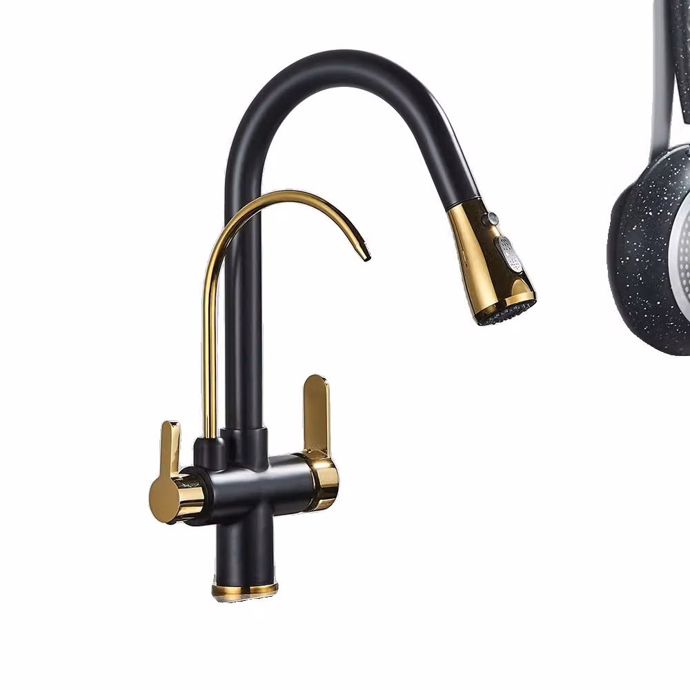 Rubinetto da cucina in oro nero, ugello estraibile, funzione per acqua calda e fredda, materiale in ottone resistente , Oro nero