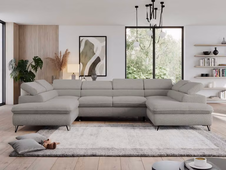 Divano ad angolo con contenitore, divano letto a U con funzione letto, poggiatesta regolabili - PEDRO U - Bouclé - Grigio chiaro