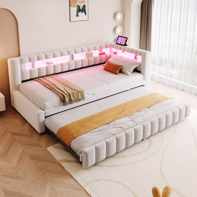 Letto a giorno okwish 90x200 con due materassi e letto estraibile, motivo a righe, letto imbottito con luci LED e prese USB, lettino per bambini con spazio contenitivo, color beige