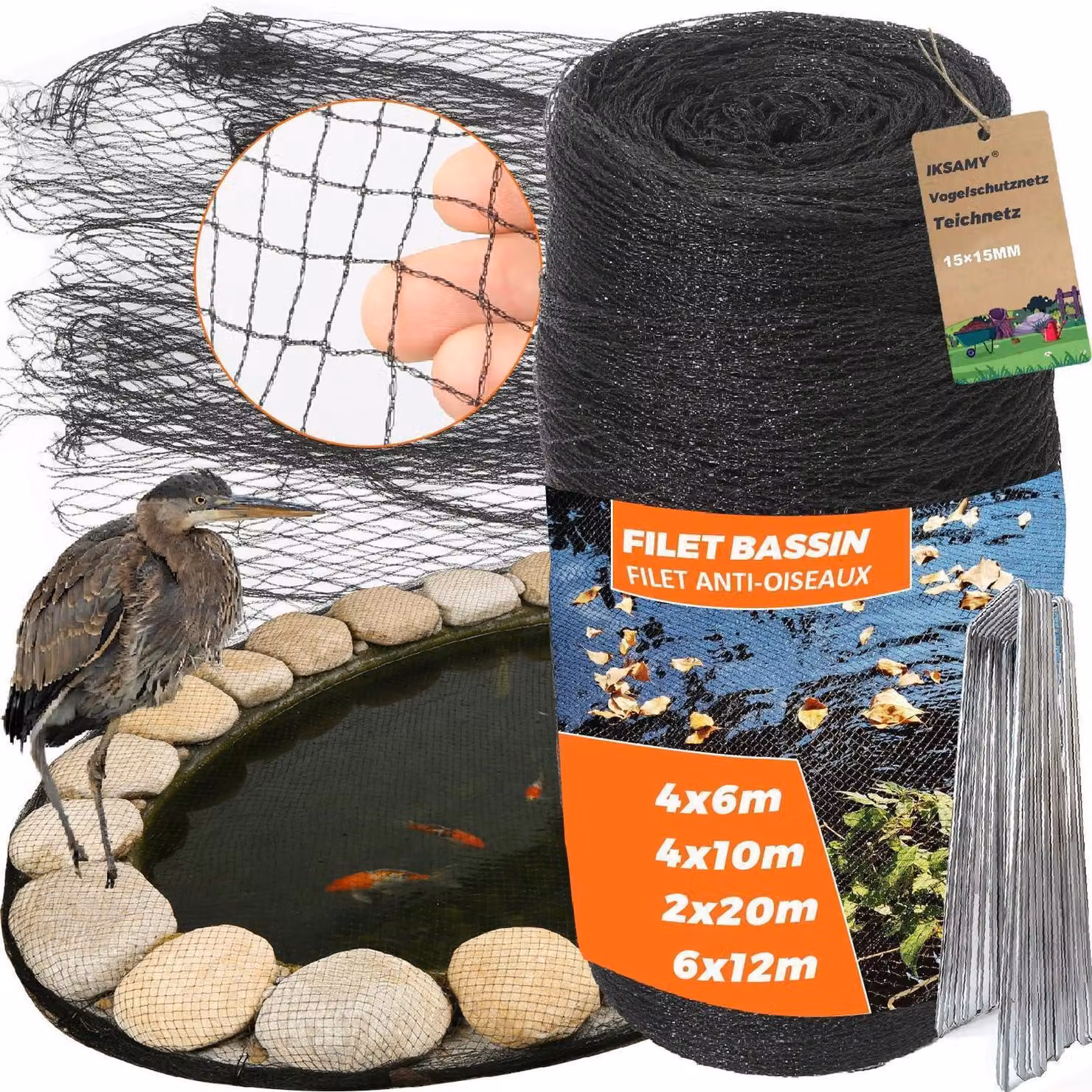 Rete protettiva per uccelli, rete per stagni, 6x12 metri, colore nero, 20 g/m², maglia fine da 15x15 mm, resistente agli agenti atmosferici