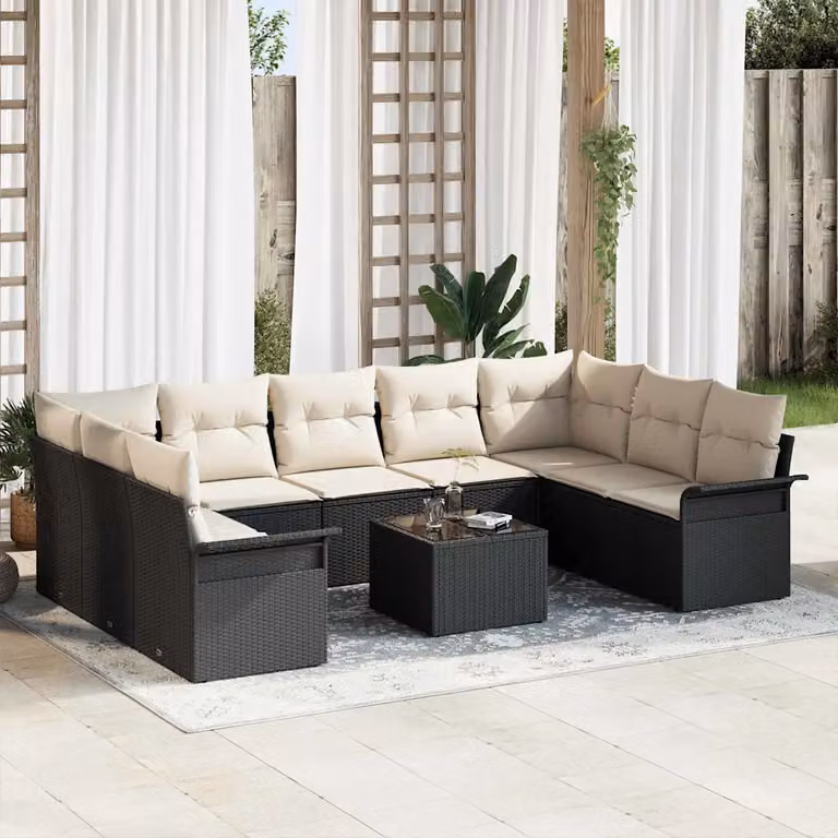 Set Divano da Giardino vidaXL 10 Pezzi in Polyrattan Nero con Cuscini e Tavolino da Esterno