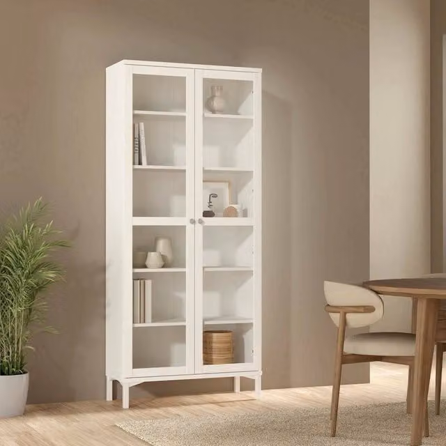 Vetrina Wutip DMORA bianca con ante in vetro per soggiorno e ufficio L: 89 cm, P: 36,25 cm, H: 202,8 cm