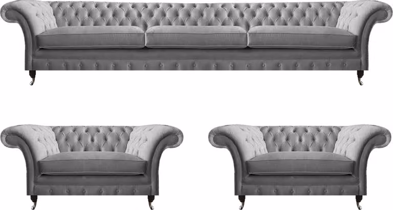 Möbel Sofagarnitur Couch Sofa Polster Couch Set 3tlg Grau Garnitur Chesterfield