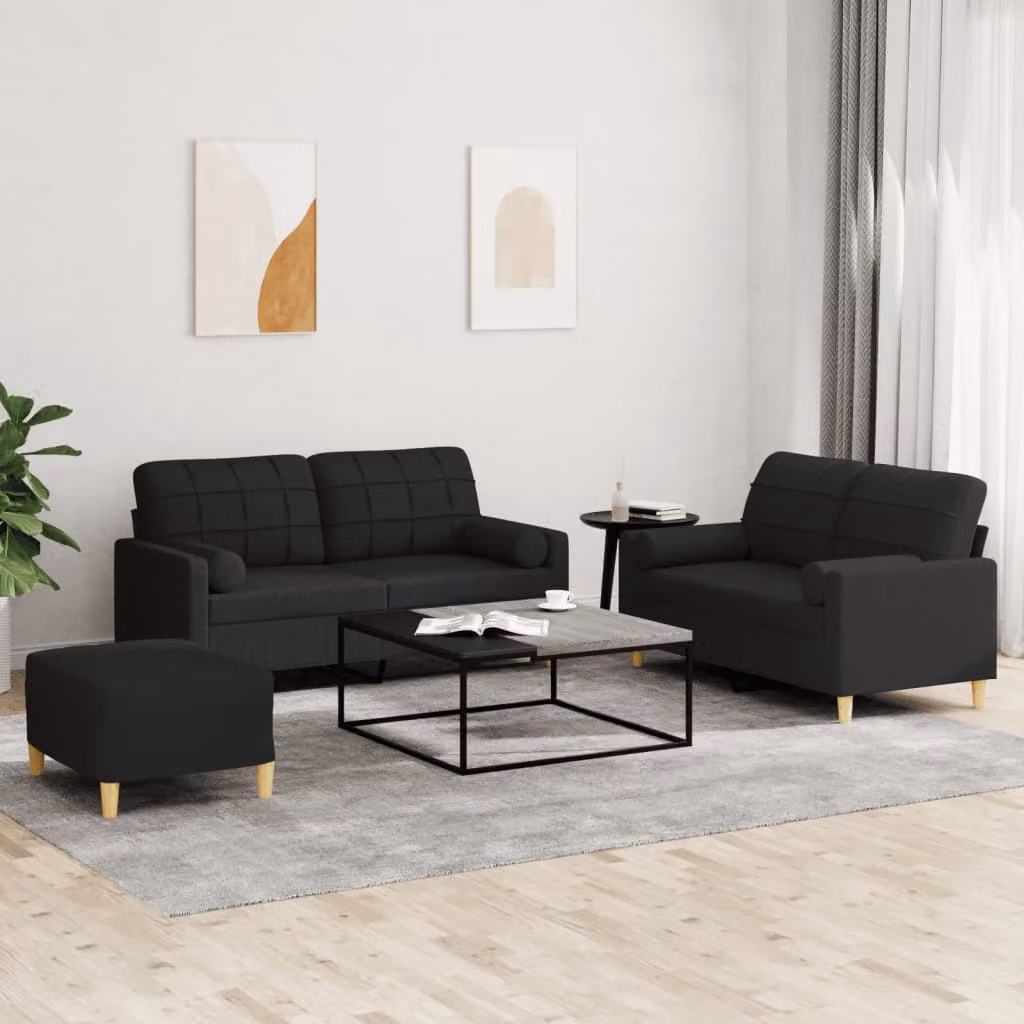Set di Divani vidaXL 3 Pezzi con Ottoman e Cuscini in Tessuto Nero Moderno – 1