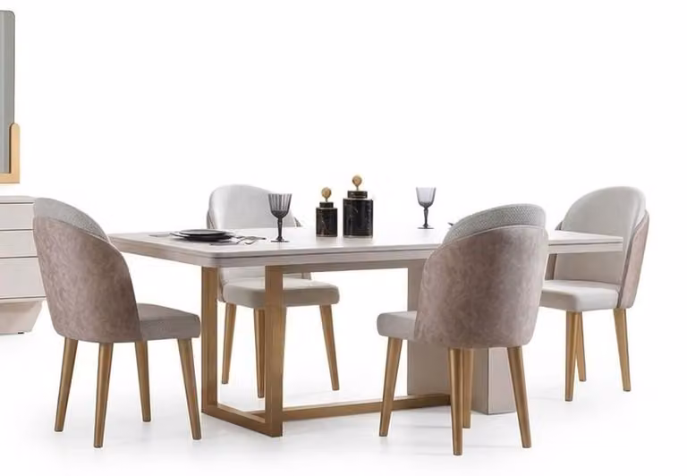 Set da pranzo in stile moderno, colore beige, tavolo spazioso e sedie morbide