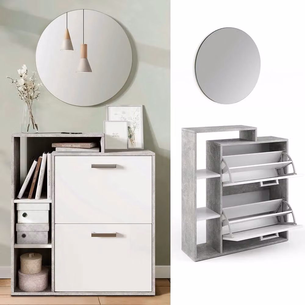 Scarpiera da ingresso Orlando Vicco con specchio e vani a ribalta, grigio e bianco, L: 90 cm, H: 80 cm, P: 25 cm – 2