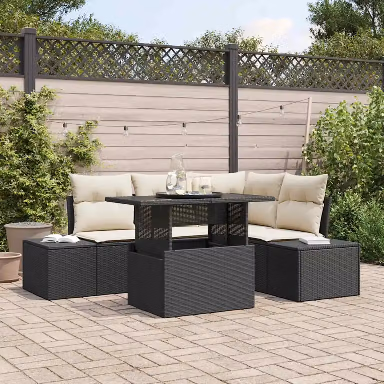 Set Divano da Giardino 5 Pezzi vidaXL in Polyrattan Nero e Beige con Cuscini e Tavolino