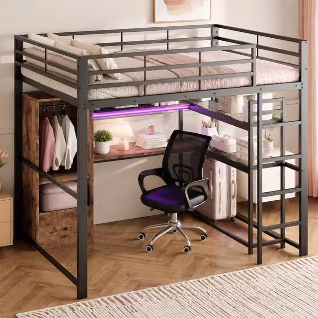 Letto a soppalco MIVRAY con scrivania, cassetti, ripiani e illuminazione LED in metallo e MDF, L/P: 140 x 200 cm, Nero/Multicolore – 1