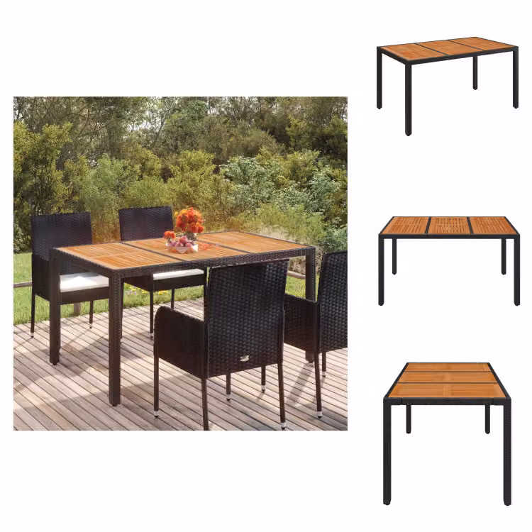 vidaXL Tavolo da giardino con piano in legno nero 150x90x75 cm in poly rattan - Tavoli da giardino
