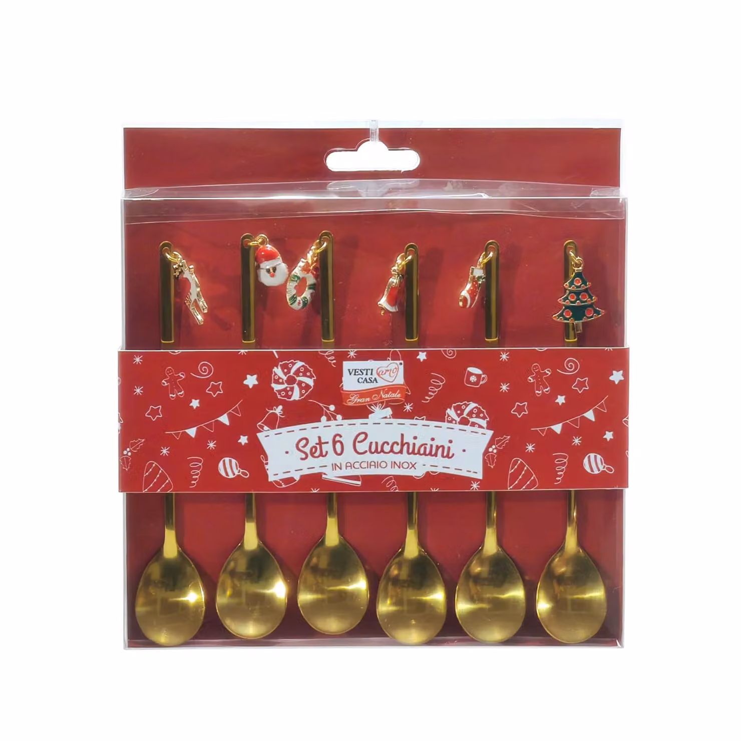 Vestiamo Casa Gran Natale - Set di 6 cucchiaini in acciaio inox color oro con pendenti decorativi, lavabili in lavastoviglie