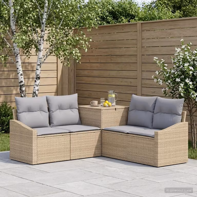 Set di divani da giardino vidaXL a forma di L in polyrattan con cuscini beige e grigio