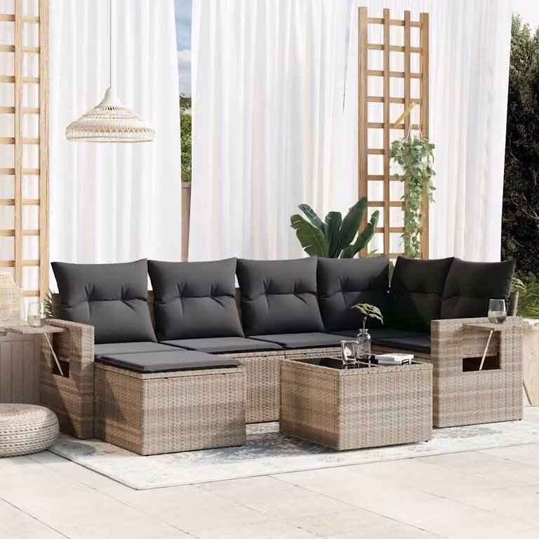 vidaXL Set Divani da Giardino 7pz a Forma di L in Polyrattan Grigio con Cuscini e Tavolino