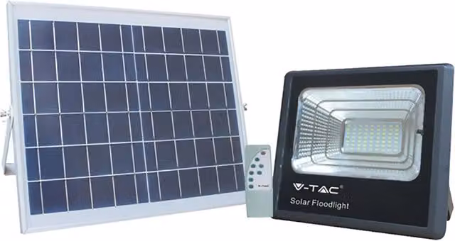 Proiettore a LED Vtac 100W con Pannello Solare Nero e Telecomando, Pannello L: 32,5 cm, P: 28 cm, H: 8,5 cm