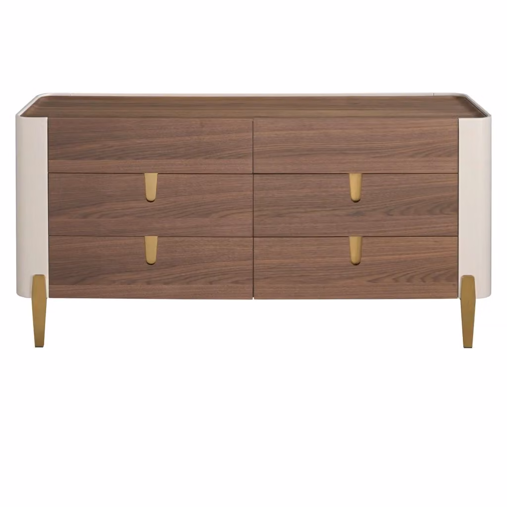 Cassettiera moderna Angel Cerdá in legno beige, acciaio dorato e piano in noce con cassetti soft close – 2