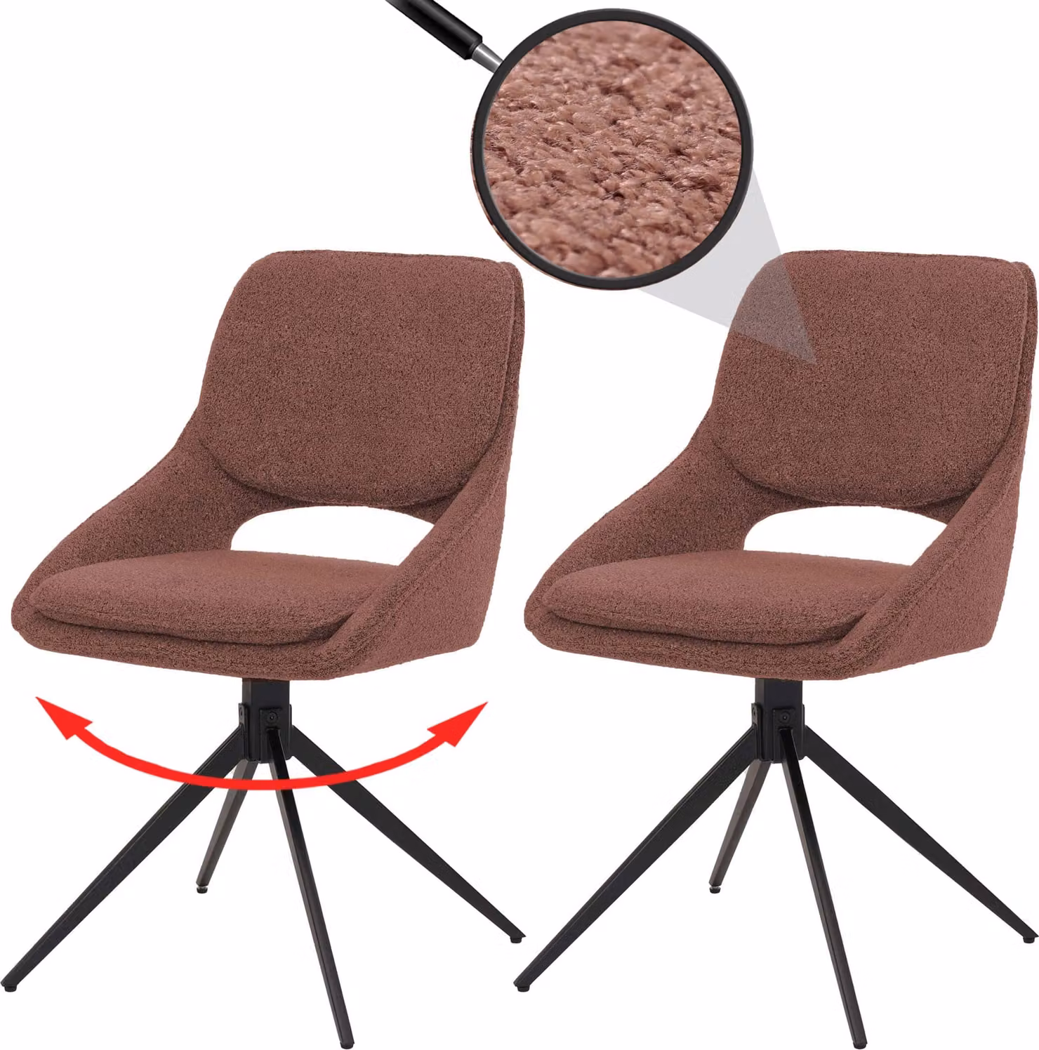 Set di 2 sedie da pranzo HWC-N73, sedia per cucina, girevole con ritorno automatico, rivestita in tessuto boucle (540g/m²), colore marrone