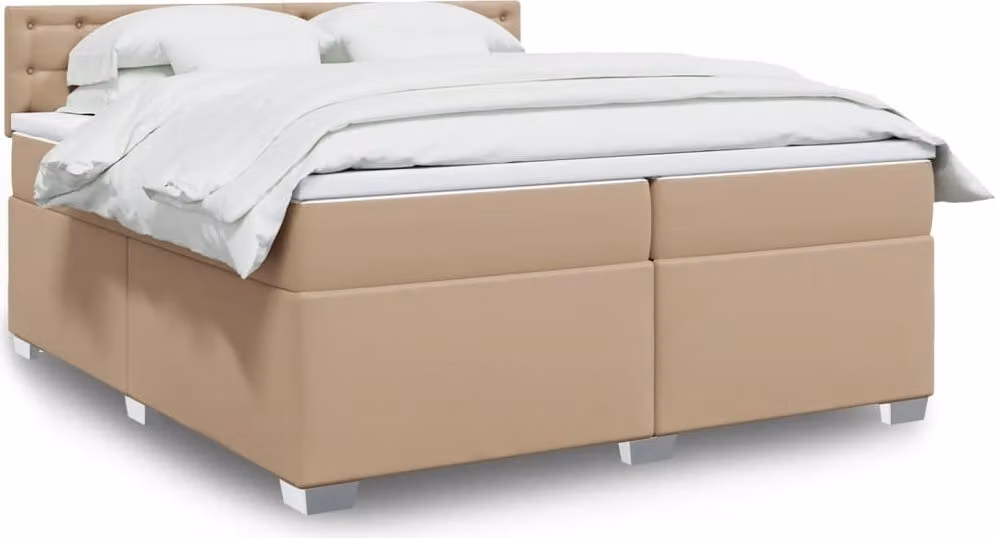 Letto con boxspring e materasso, colore cappuccino, dimensioni 200x200 cm, rivestito in ecopelle