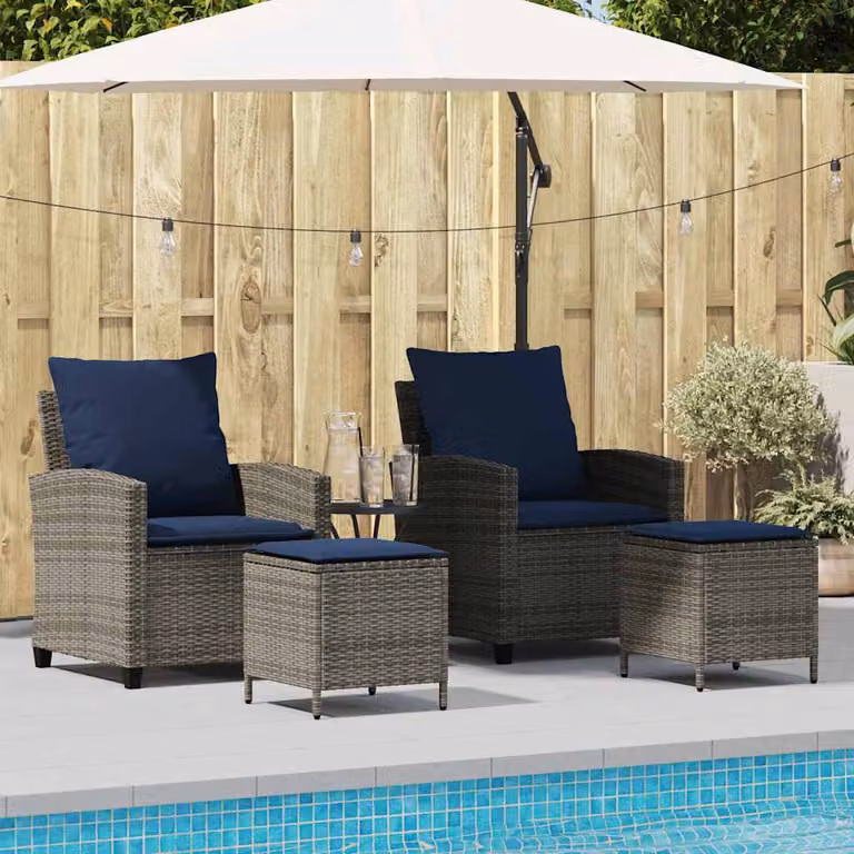Set di divani da giardino vidaXL in rattan con cuscini e pouf, colore blu e grigio, struttura in metallo resistente ai raggi UV