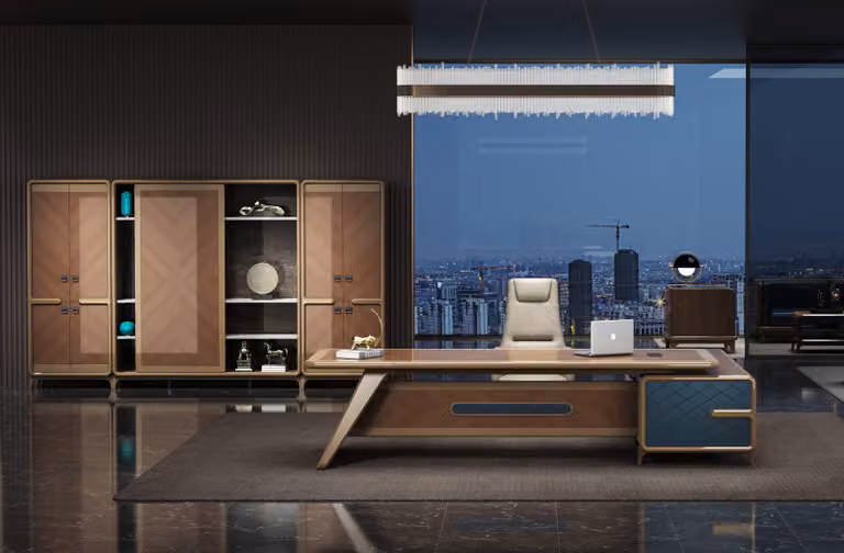 Eckschreibtisch mit Büroschrank in Braun – platzsparend und modern