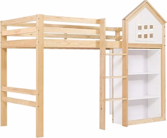 Letto a soppalco per bambini a casetta con vani portaoggetti e tre cassetti, struttura in legno, 90 x 200 cm, bianco e naturale