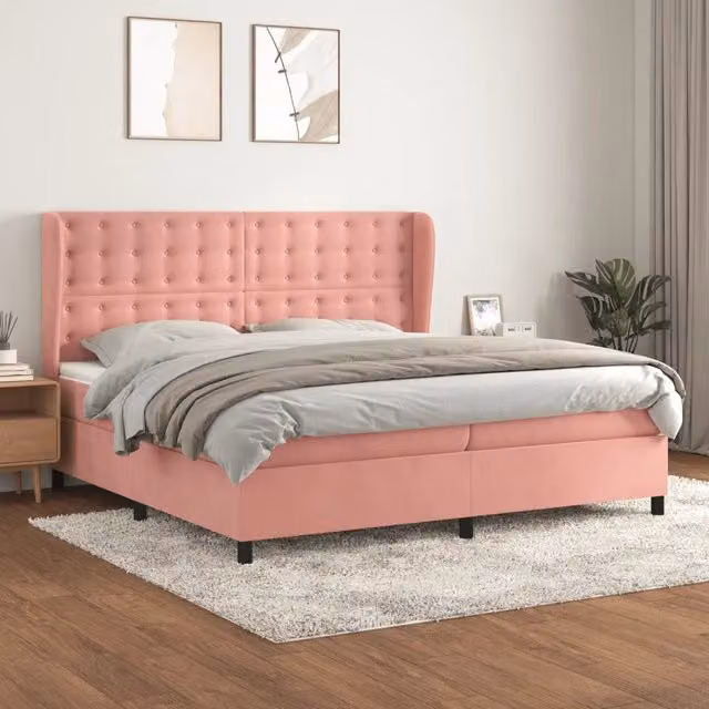 Letto con Giroletto a Molle e Materasso Ibrido vidaXL in Velluto Rosa e Bianco L/P/H: 200 x 200 x 128 cm