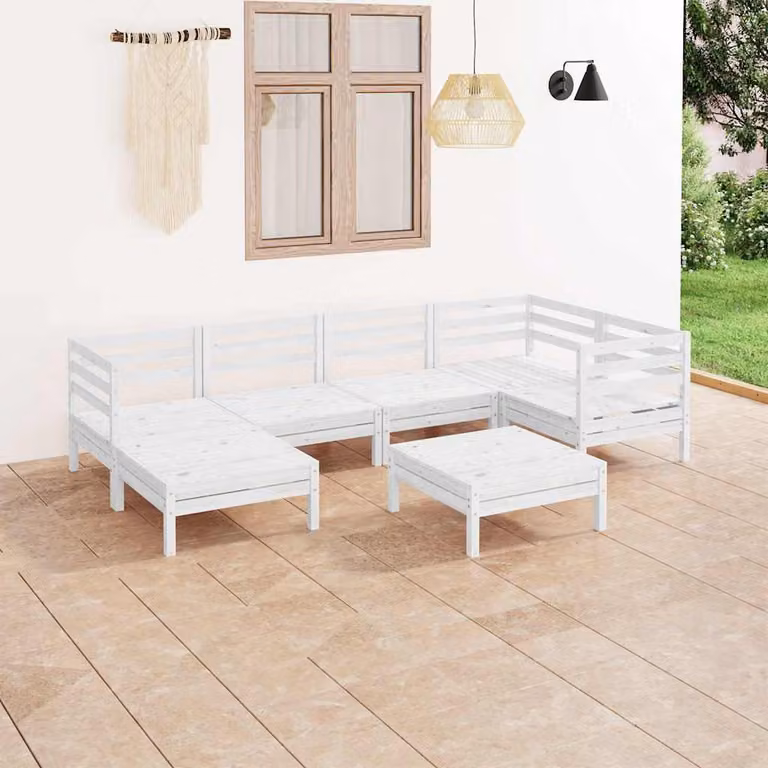 Set Salotto da Giardino vidaXL 7 pz in Legno di Pino Bianco con Cuscini e Design a L