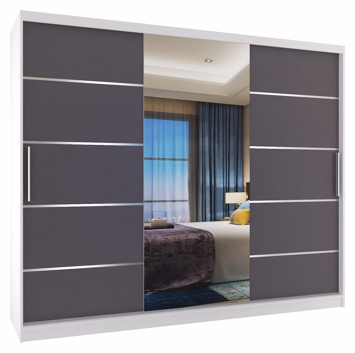 BELINI Verona, armadio scorrevole da 232 cm, bianco/grigio opaco - armadio con specchio e 4 cassetti, ideale per la camera da letto