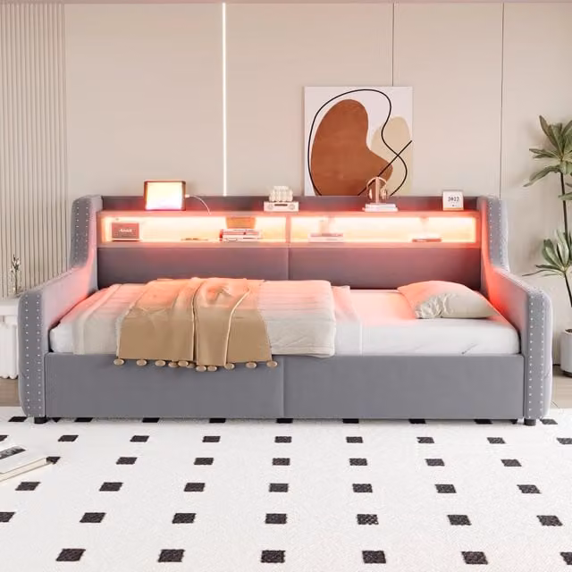 Divano letto Mivray in velluto grigio con contenitore idraulico, illuminazione LED e porte USB, dimensioni 90x200 cm
