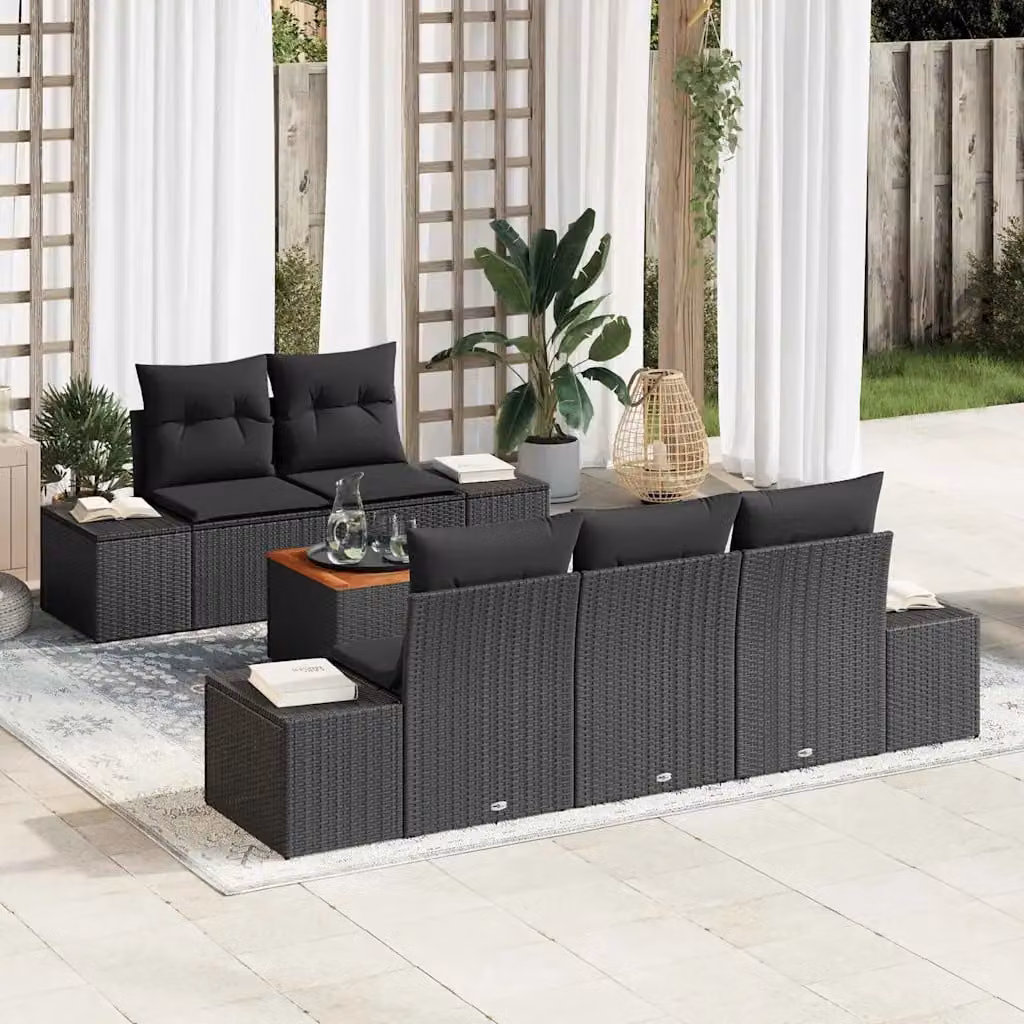 Set Divano da Giardino vidaXL 6 pz Nero con Cuscini e Funzione Archiviazione in Polyrattan e Acciaio